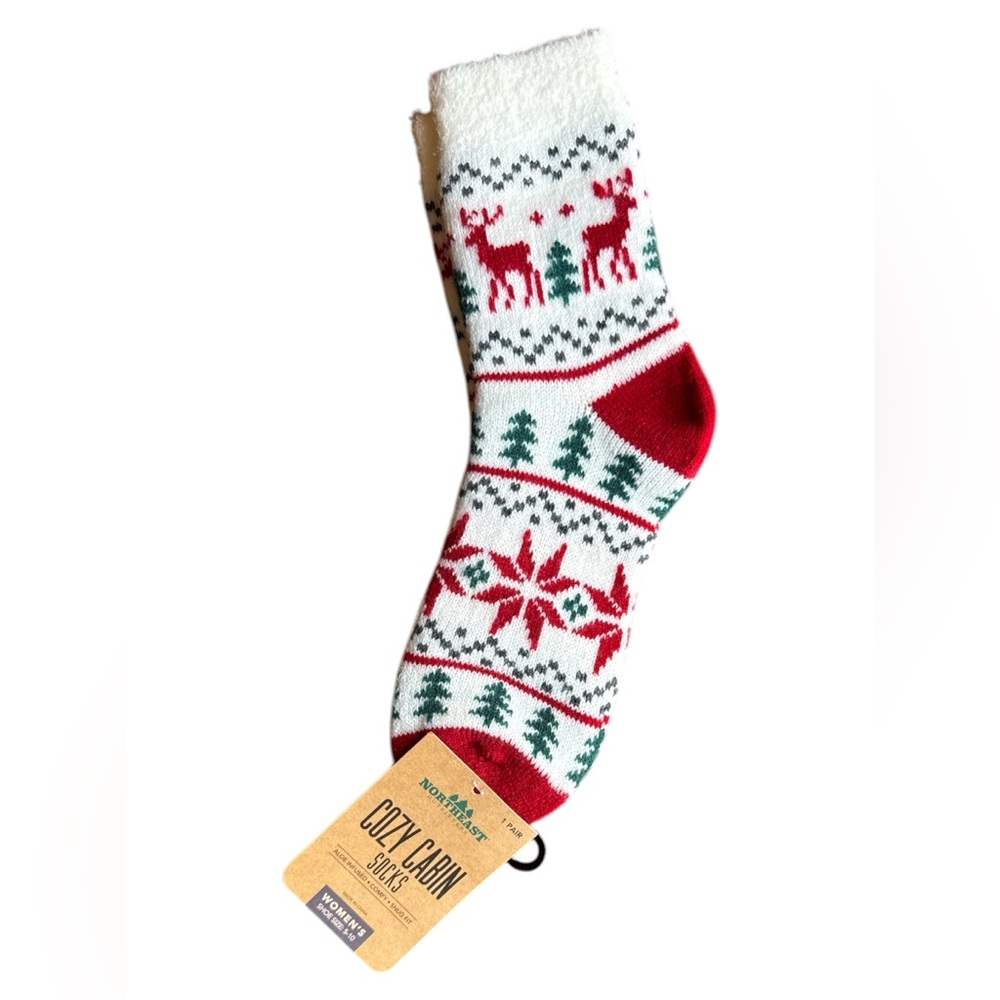 Northeast Cozy Cabin Red and White Holiday Socks with Reindeer